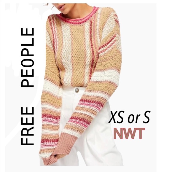 NWT XS FREE PEOPLE Show me love crop pullover sweater sweet child combo tan pink - Picture 8 of 11